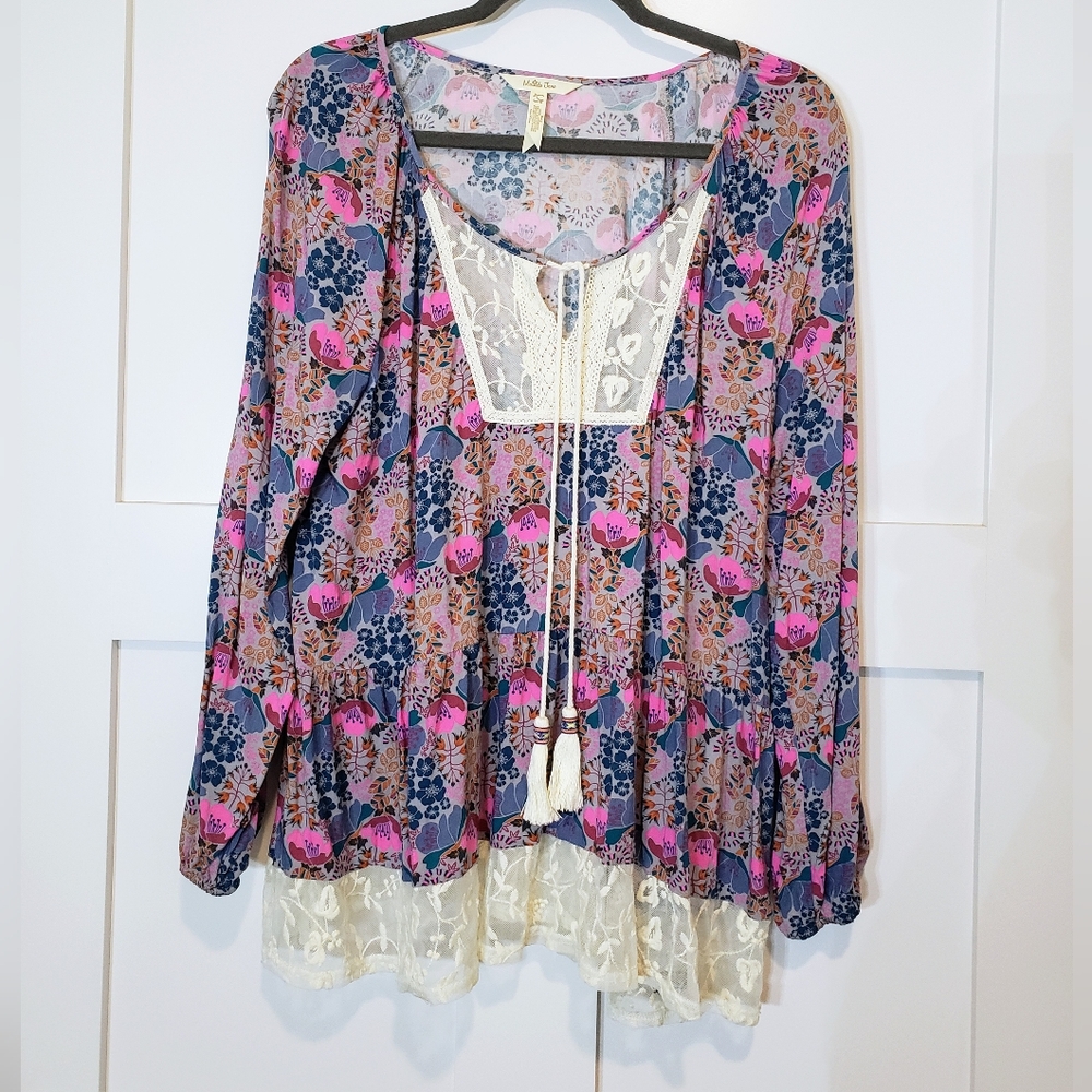 Matilda Jane Pink Purple Floral Lace-Trim Boho Blouse